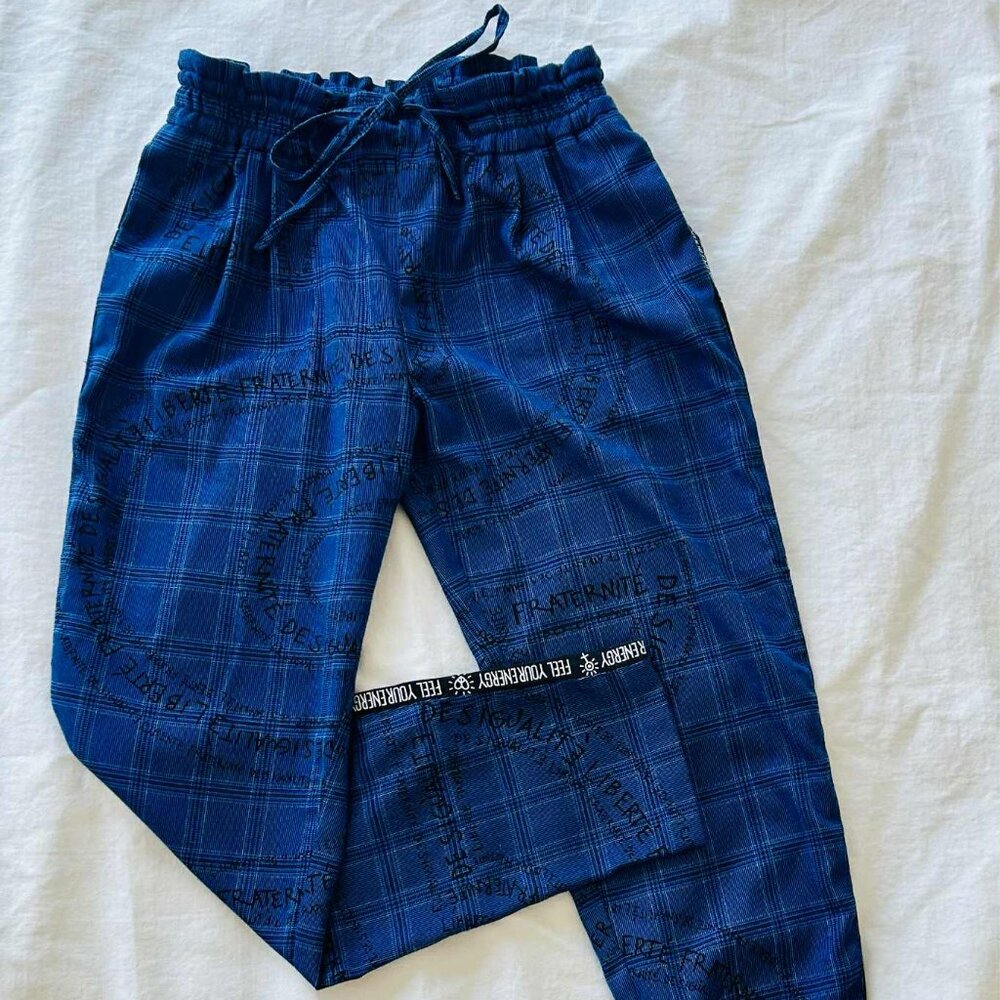 Desigual Royal Blue Micro-Check Track Pants with Side Stripe Text – EU M